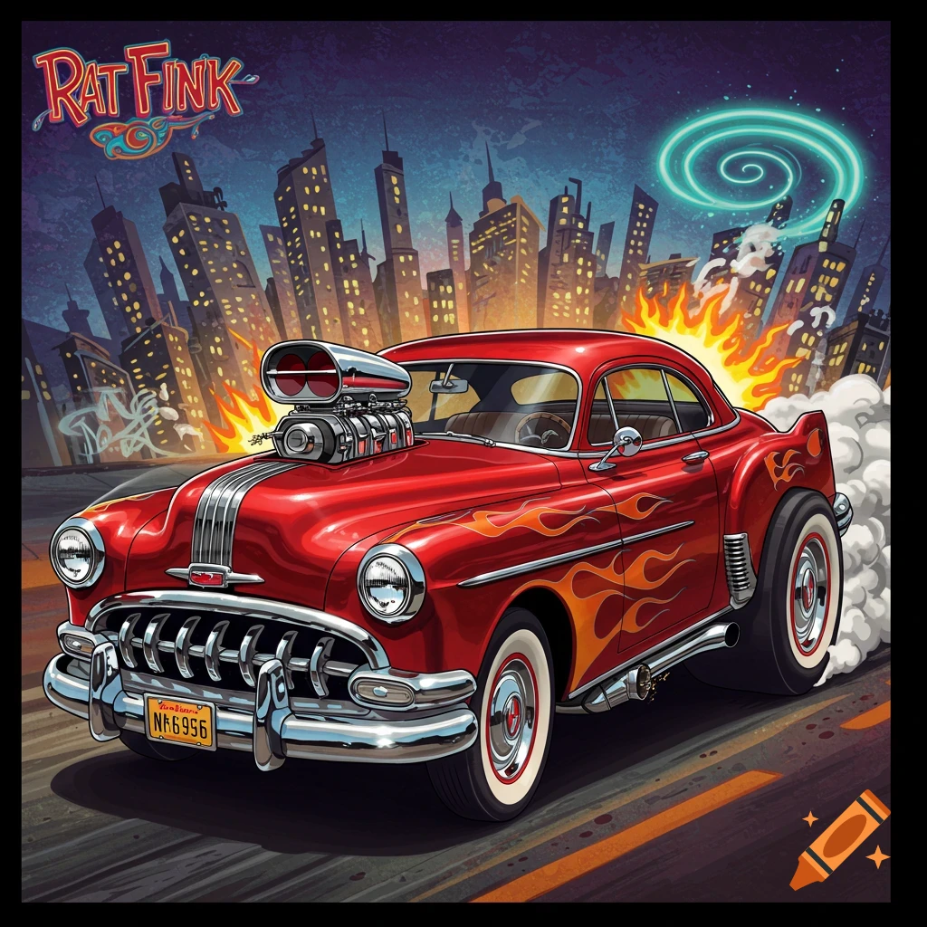 A red hot rod with flames and a supercharger speeds through a stylized city at night, in Rat Fink cartoon style.
