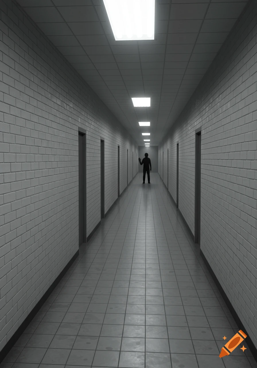 A long, dimly lit white brick hallway with a tiled floor. A dark, featureless silhouette figure stands far down the hall, waving.