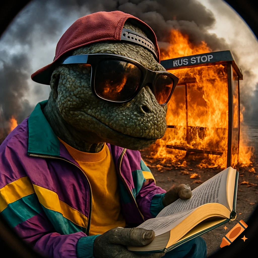 Photorealistic fisheye shot of a cool reptilian creature in sunglasses and cap reading a book as a bus stop burns.