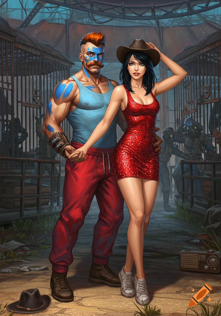 A strong man with orange hair, blue face paint, and a woman in a red sparkly dress and cowboy hat, in a post-apocalyptic setting.