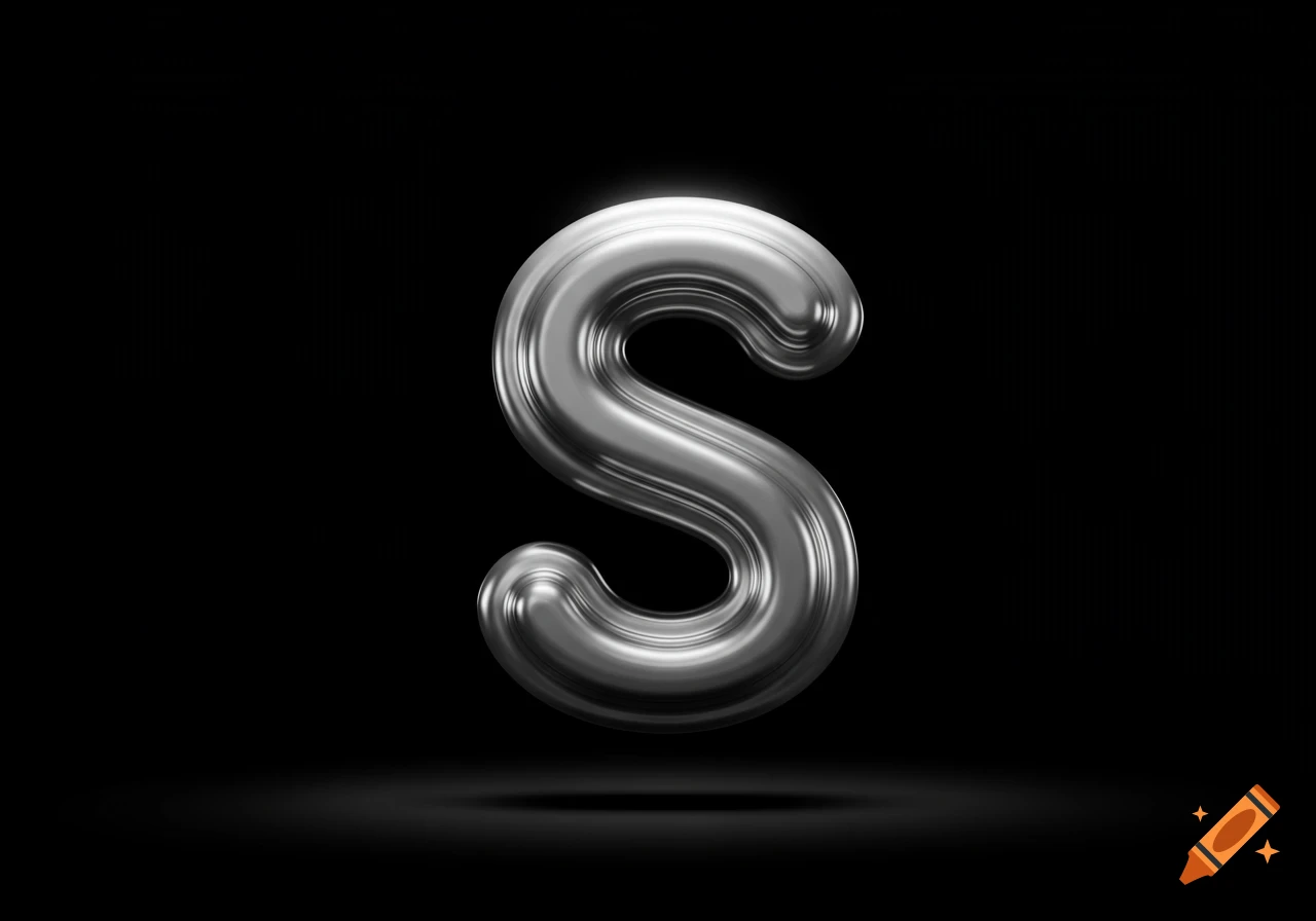 A shiny, silver, bubble-shaped letter S casting a shadow on a black background.