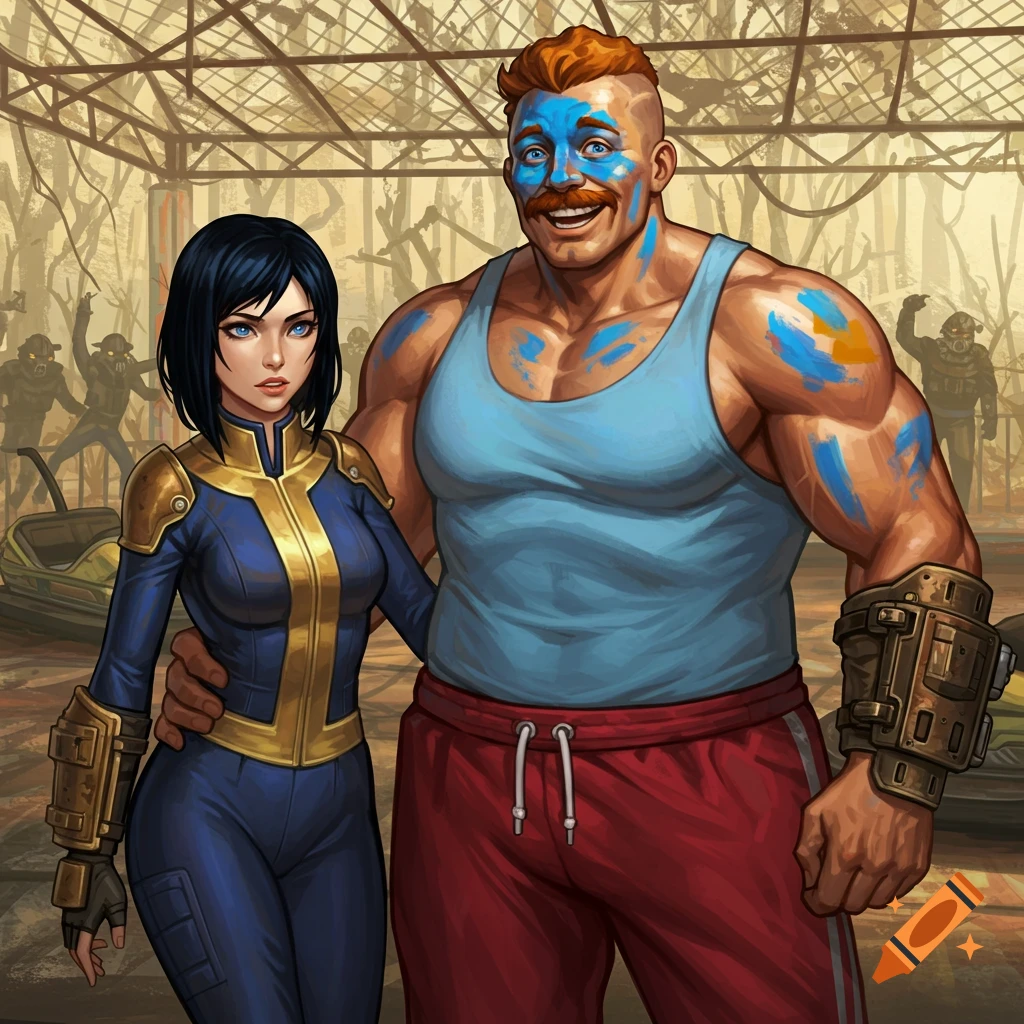 Illustrative portrait of a woman in a Fallout vault suit and a muscular man with face paint in a ruined, caged area.