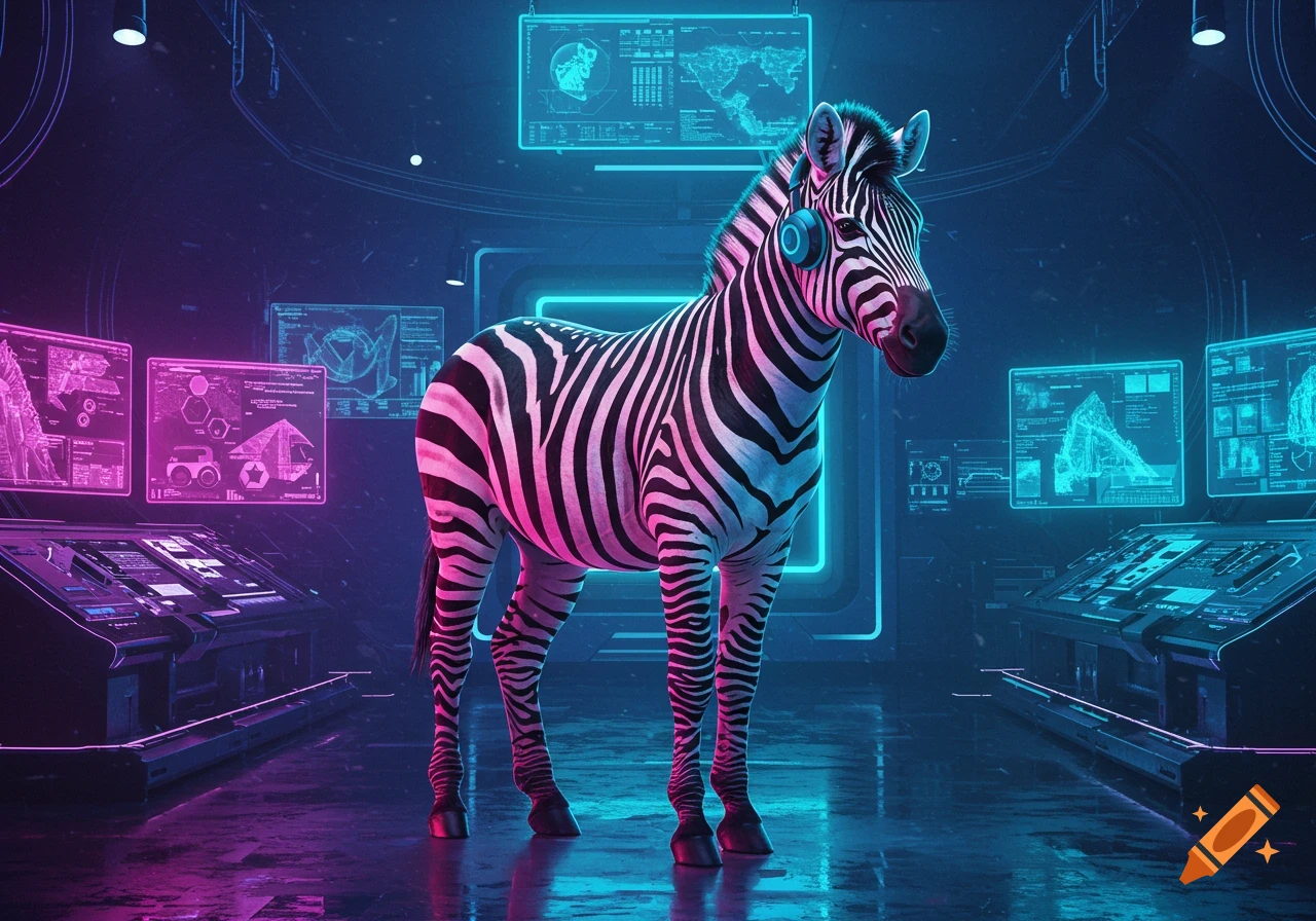 A photorealistic zebra wearing headphones stands in a futuristic, neon-lit control room with glowing screens.