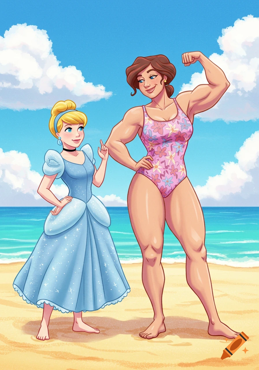 Cinderella in a blue gown points at a muscular woman in a floral swimsuit flexing her bicep on a sunny beach in a cartoon style.