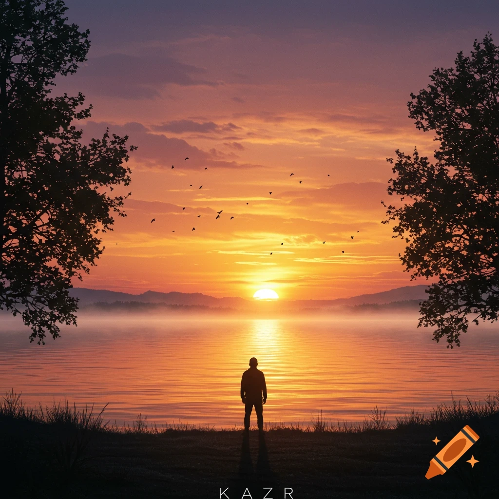 A person stands at the edge of a lake, silhouetted against a vibrant orange and purple sunset, with trees framing the view.