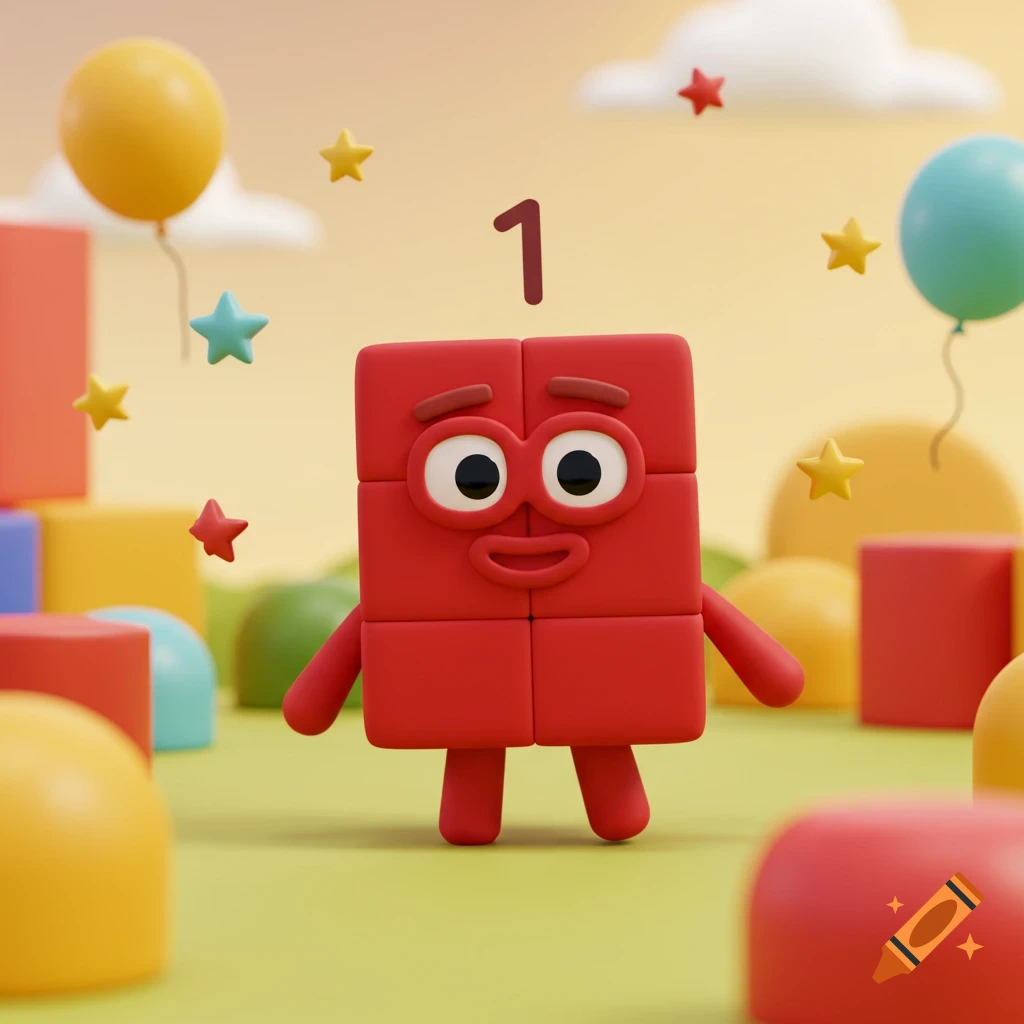A friendly red block character with the number 1 above its head, surrounded by colorful blocks, balloons, and stars in a cartoon style.