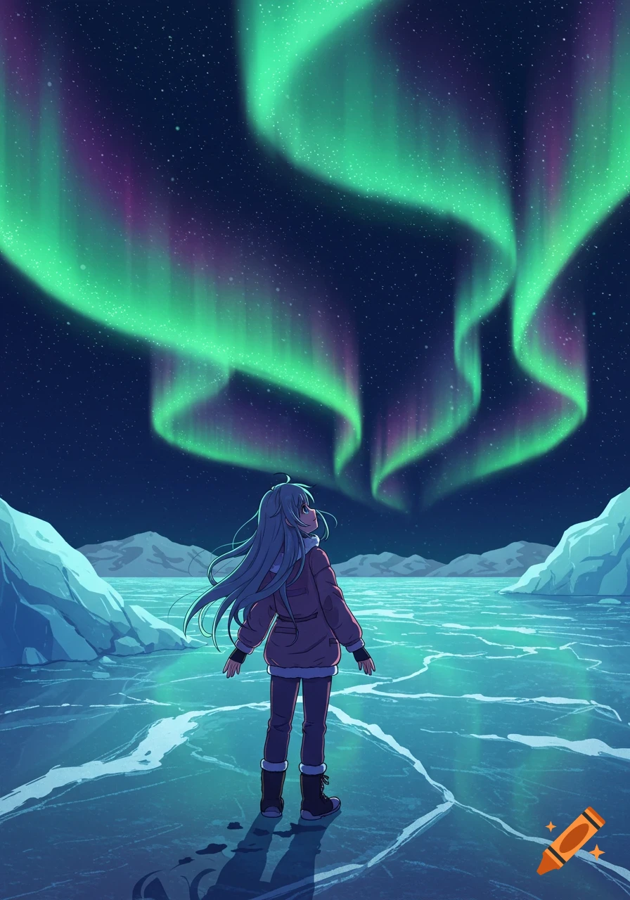 Anime girl with long blue hair looking up at green northern lights over a frozen lake with icebergs.