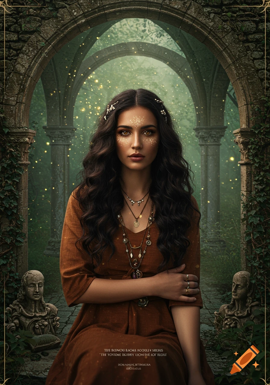 A mystical woman with dark wavy hair and amber eyes, wearing earth-toned clothing, stands in ancient ivy-covered ruins with glowing dust.