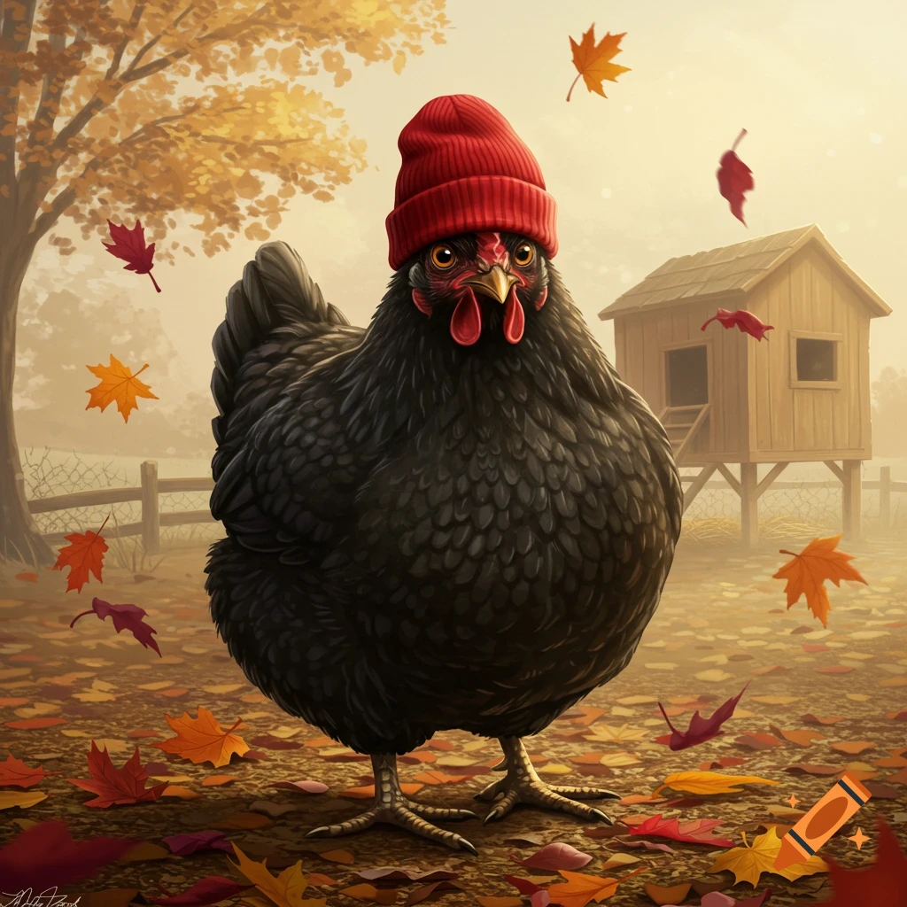 A black chicken in a red beanie stands among autumn leaves on a farm with a coop.