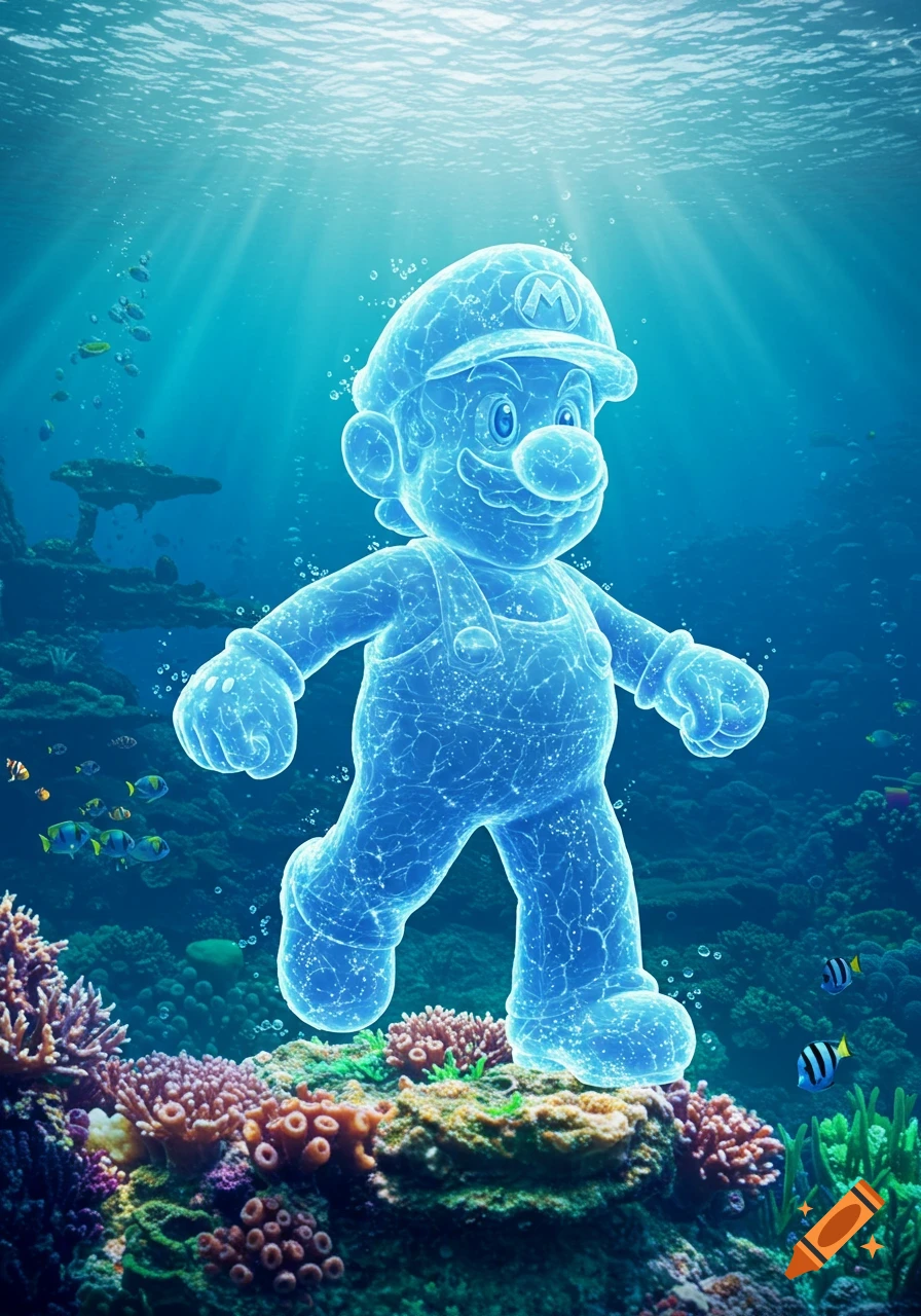 Translucent blue, ice-like Mario stands on colorful coral in a vibrant underwater scene with fish and sunlight.