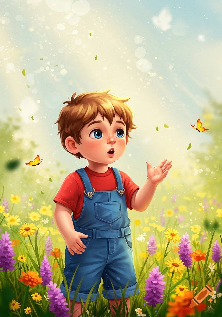 A wide-eyed boy in overalls looks up with his hand raised, surrounded by colorful wildflowers and butterflies in a whimsical illustration.
