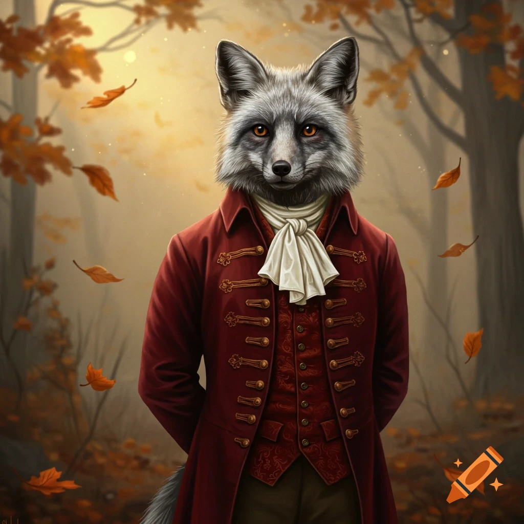 A detailed illustration of a silver fox in a red Victorian coat and white cravat standing in an autumn forest with falling leaves.