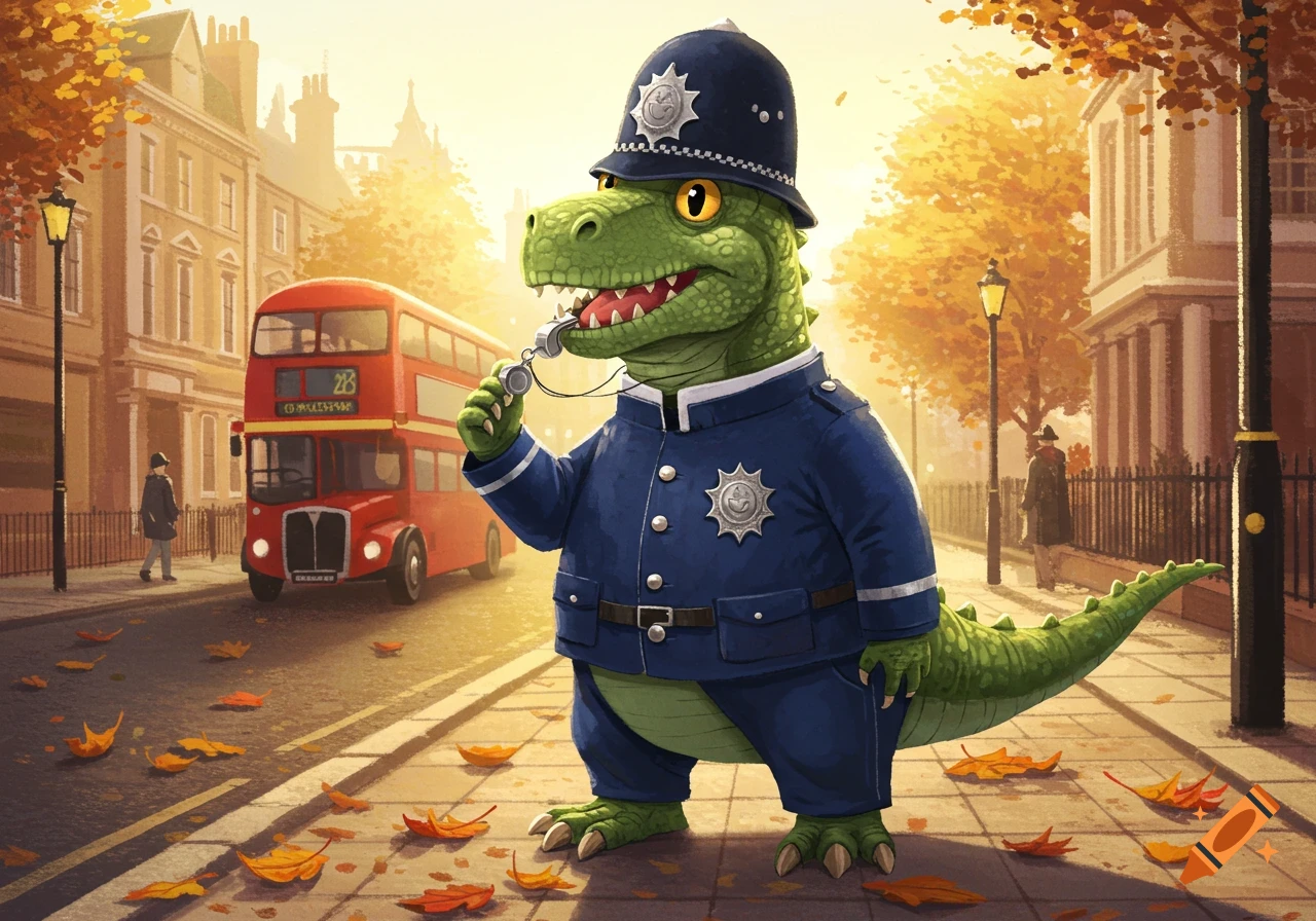 A cartoon dinosaur dressed as a British policeman stands on a London street with a red double-decker bus in the background during autumn.