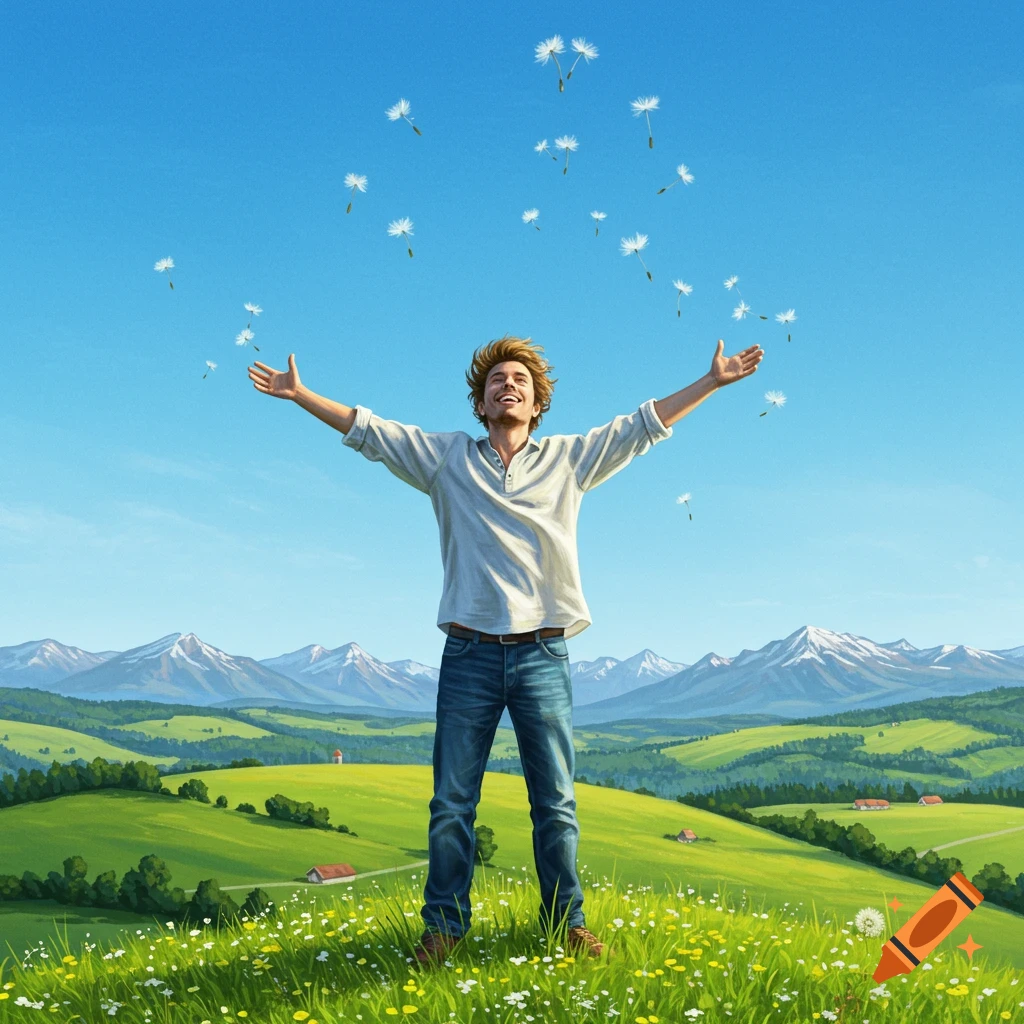 A happy man stands with arms outstretched in a vibrant green field with dandelions. Seeds float in the blue sky, with mountains in the background.