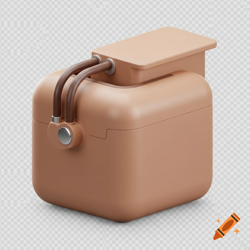 A smooth, rounded, light brown 3D rendered object with dark brown tubes and metallic details on a transparent background.