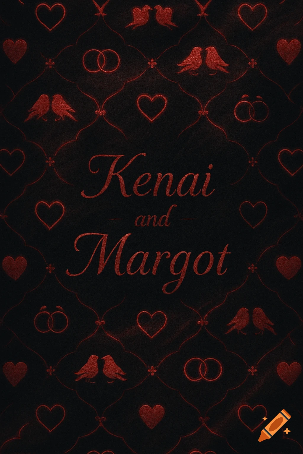 Dark red and black pattern wallpaper with hearts, lovebirds, wedding rings, and the names 'Kenai and Margot' in script.