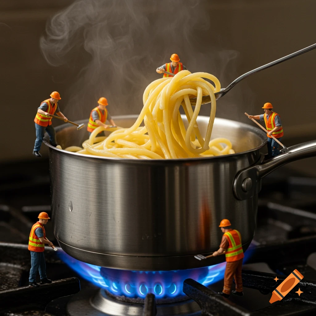 Miniature construction workers in helmets and vests mix spaghetti in a steaming pot on a gas stove with tiny tools.