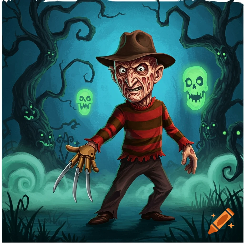 Cartoon illustration of Freddy Krueger in a brown hat and striped sweater, holding his clawed glove, in a spooky forest.