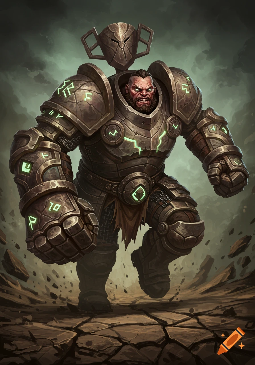 A massive, armored fantasy warrior, Bram, charges forward, cracking the ground. He wears rune-etched, stone-like armor with huge gauntlets.