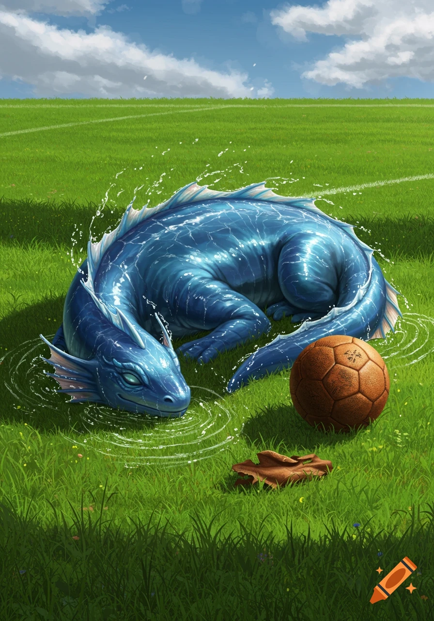 A blue, scaled dragon-like creature rests in a shallow pool of water on a vibrant green soccer field, with a brown soccer ball nearby.