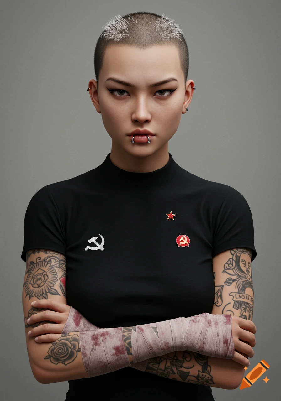 A stylized portrait of an East Asian woman with a shaved head, bleached tips, lip rings, tattoos, and wrapped knuckles, wearing a black shirt with communist pins.