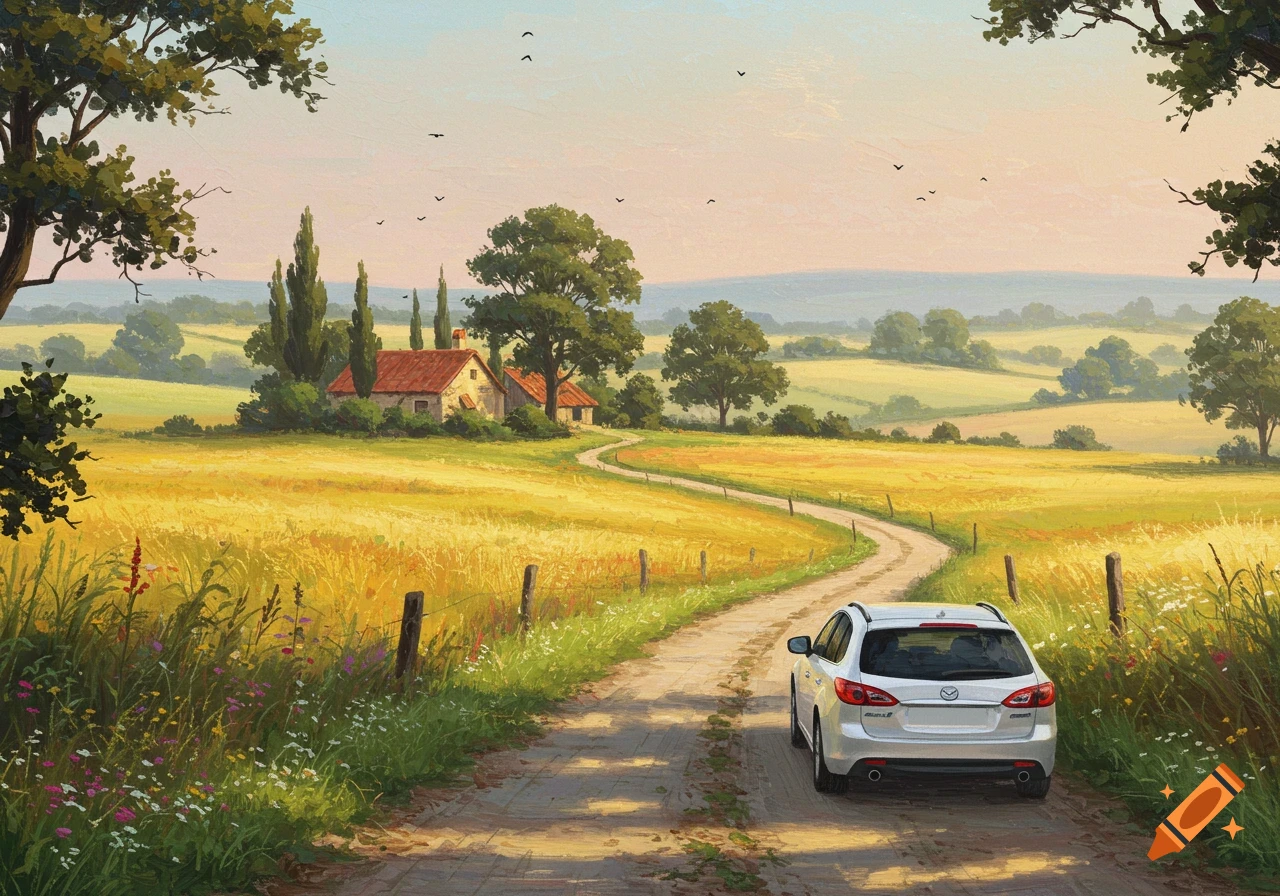 Oil painting of a white Mazda car on a winding dirt road through golden fields, with a farmhouse and trees in the background.