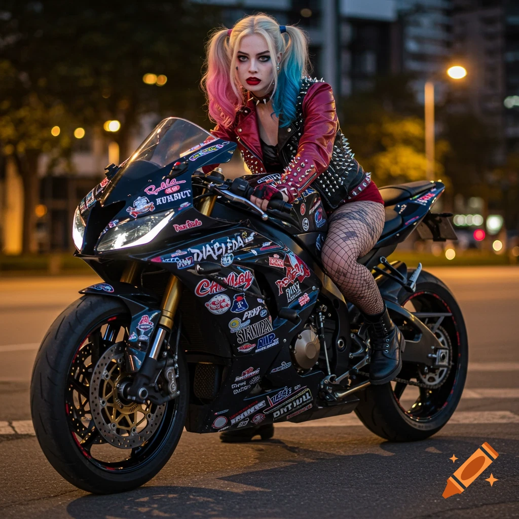A photorealistic image of a Harley Quinn-like woman in a studded jacket and fishnets posing on a superbike on an urban street at night.