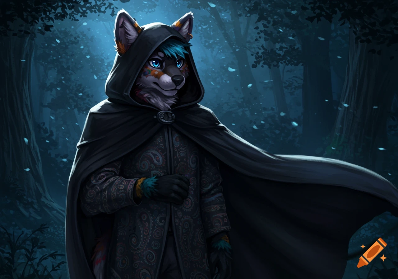 A furry character with blue hair in a black hooded cape and patterned coat stands in a dark, moonlit forest, digital art.