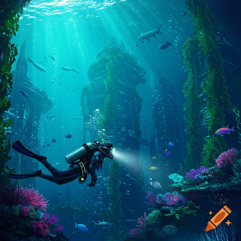 A scuba diver explores a vibrant underwater city, illuminated by sunbeams, surrounded by coral and fish.