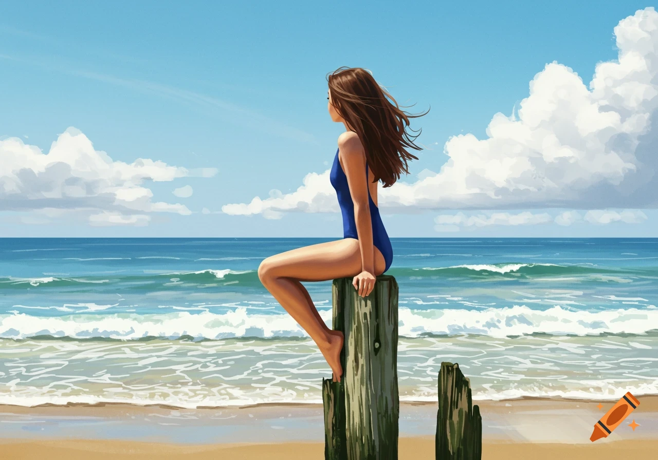 Illustrative art of a brown-haired woman in a blue swimsuit sitting on a wooden post at a sunny beach, looking at the ocean.