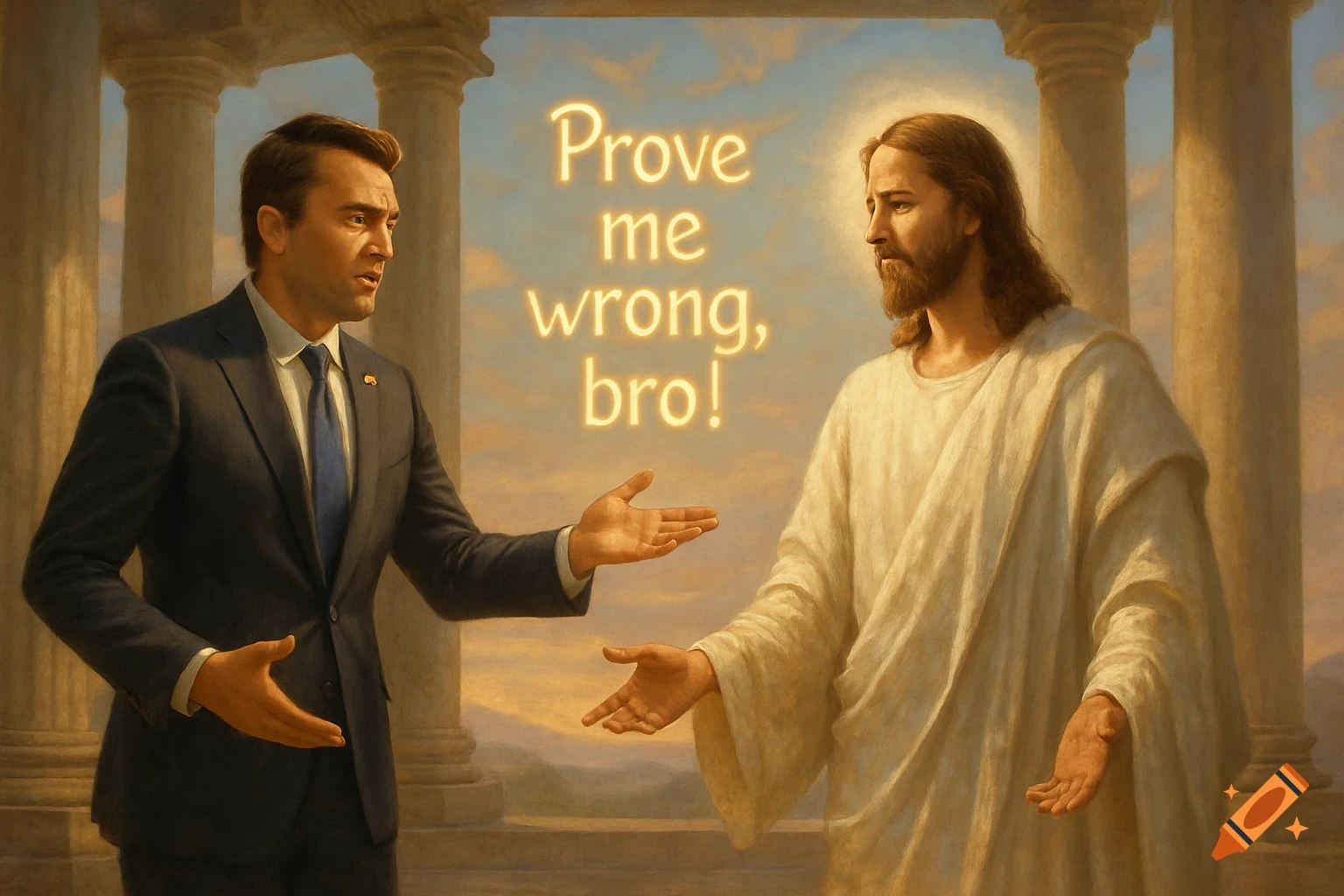 A man in a suit debates Jesus Christ, with the glowing text 'Prove me wrong, bro!' between them, in a classical painting style.