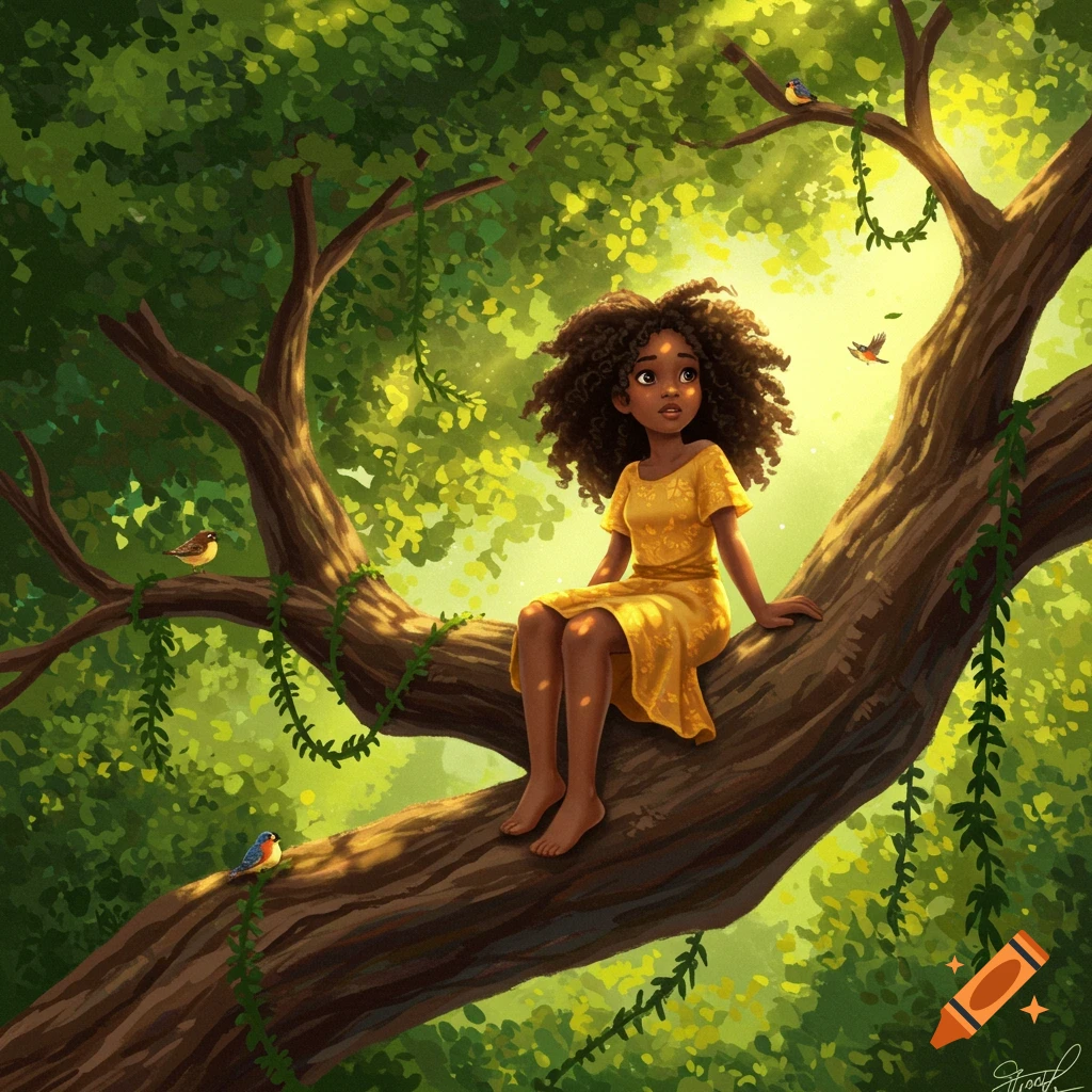 Whimsical illustration of a Black girl with curly hair sitting barefoot on a tree branch, surrounded by lush green leaves and birds.