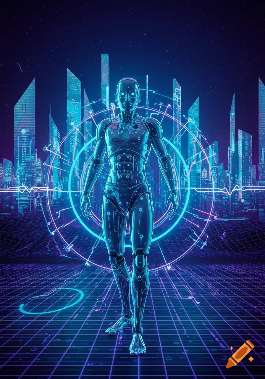 A glowing metallic robot stands on a circuit grid in a neon-lit futuristic city, rendered in blues and purples.