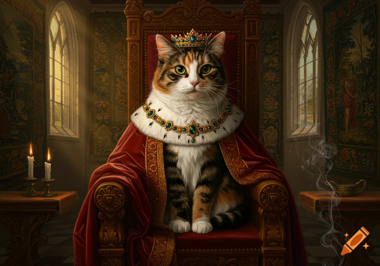 Regal calico cat in a jeweled crown and red royal robe sits on an ornate throne in a renaissance-style room.