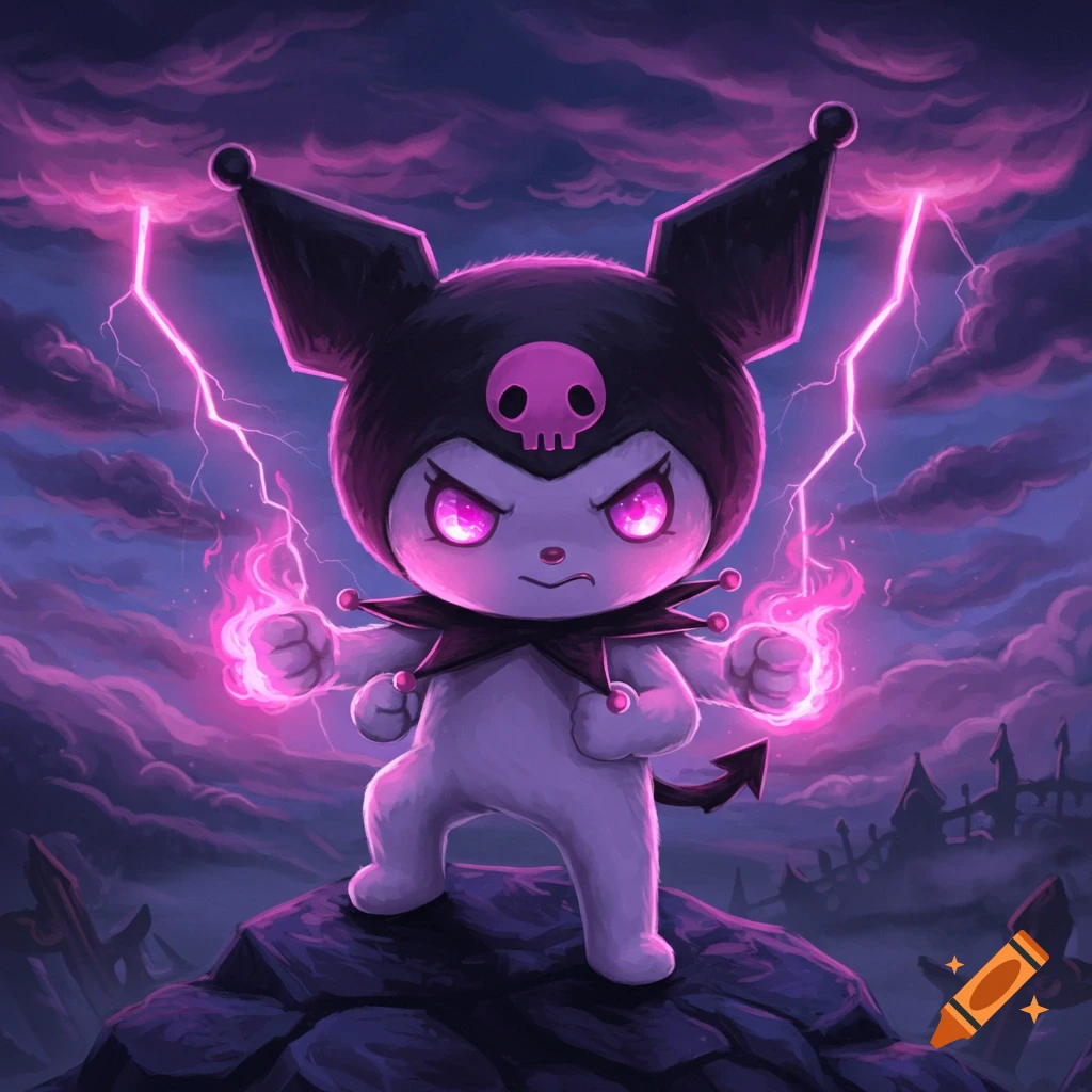 Angry Kuromi stands on a rock, summoning pink lightning and glowing energy amidst a stormy purple sky, digital art.