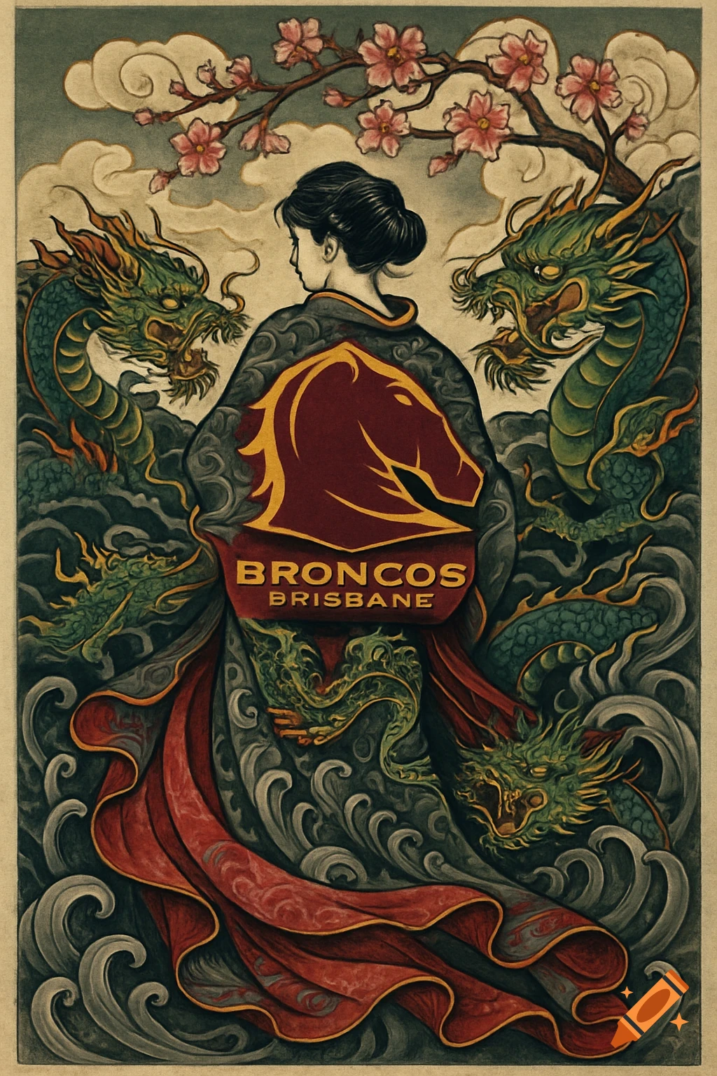 Japanese art of a woman in a kimono with a Broncos logo, flanked by two green dragons and cherry blossoms.
