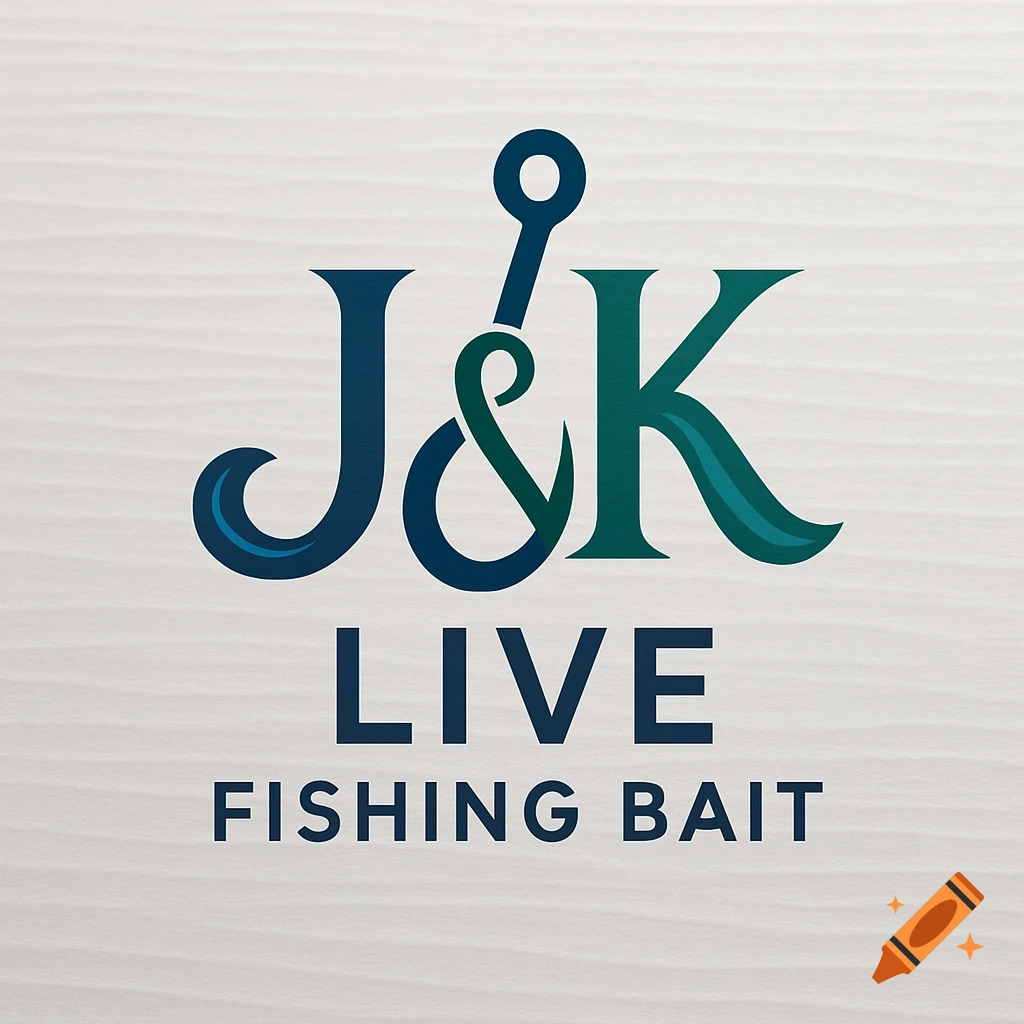 A blue and teal logo for J&K LIVE FISHING BAIT, featuring a stylized fishing hook integrated into the letters.