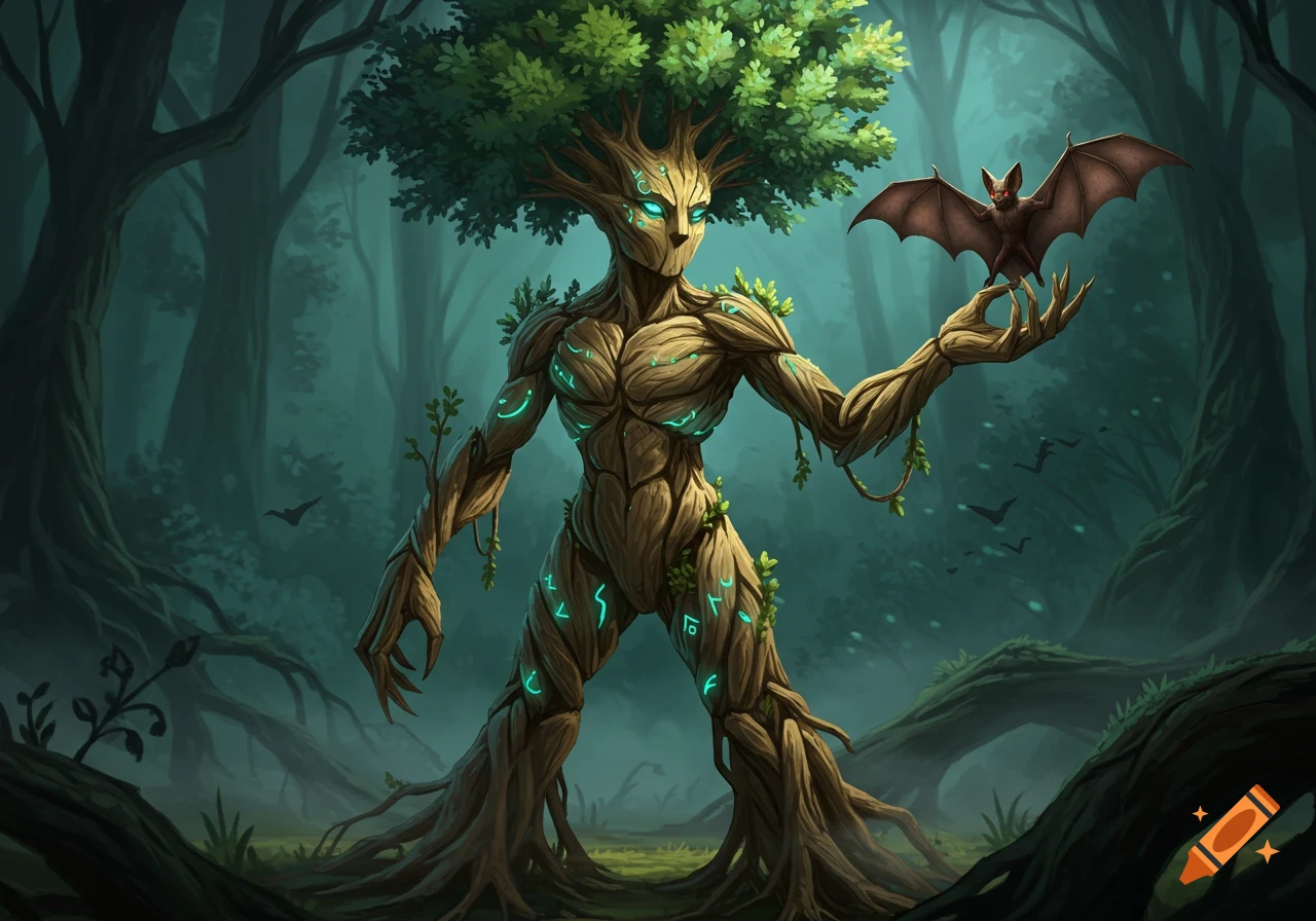 A fantasy art illustration shows a muscular humanoid tree creature with glowing eyes and runes, holding a bat in a dark forest.