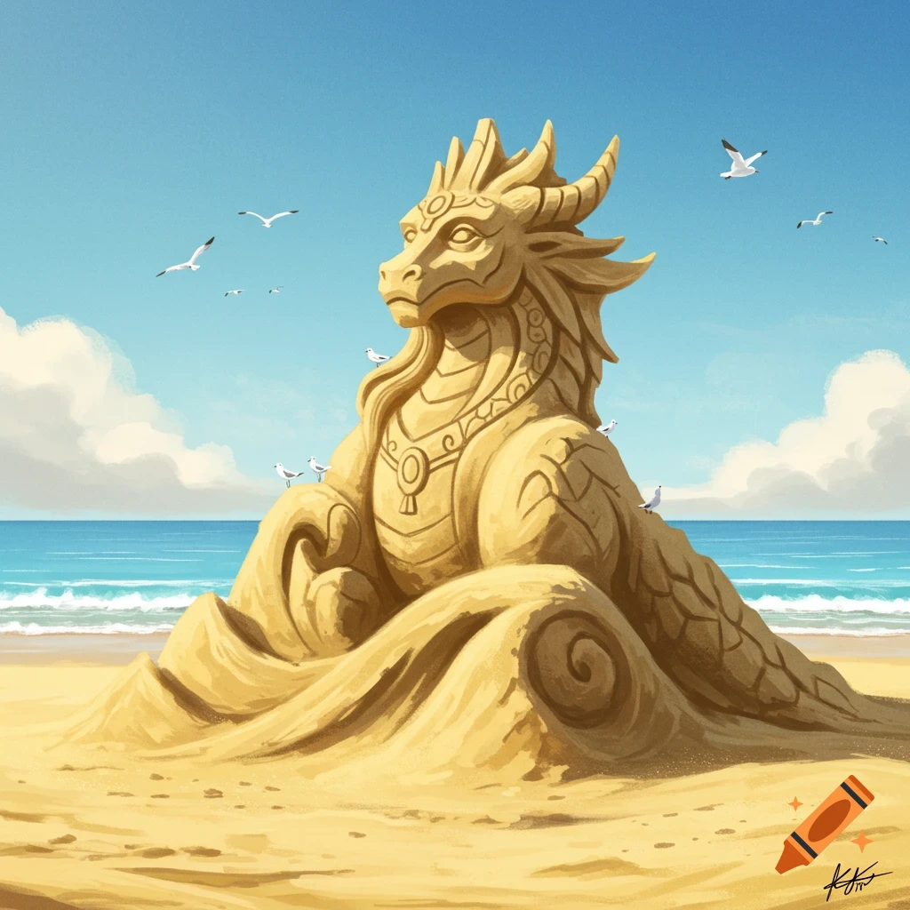 A detailed sand sculpture of a majestic dragon sits on a sunny beach, with the ocean, blue sky, and seagulls flying. Illustrated.