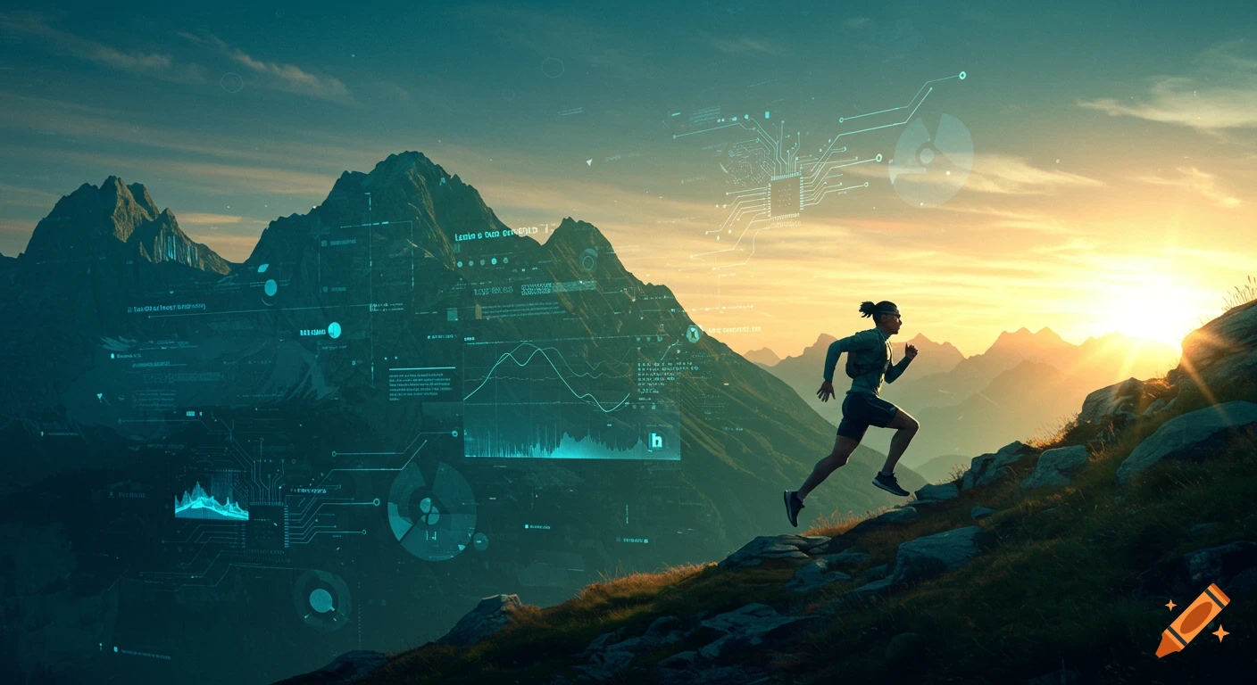 A person runs up a mountain trail at sunrise, surrounded by holographic digital data and circuit board patterns.