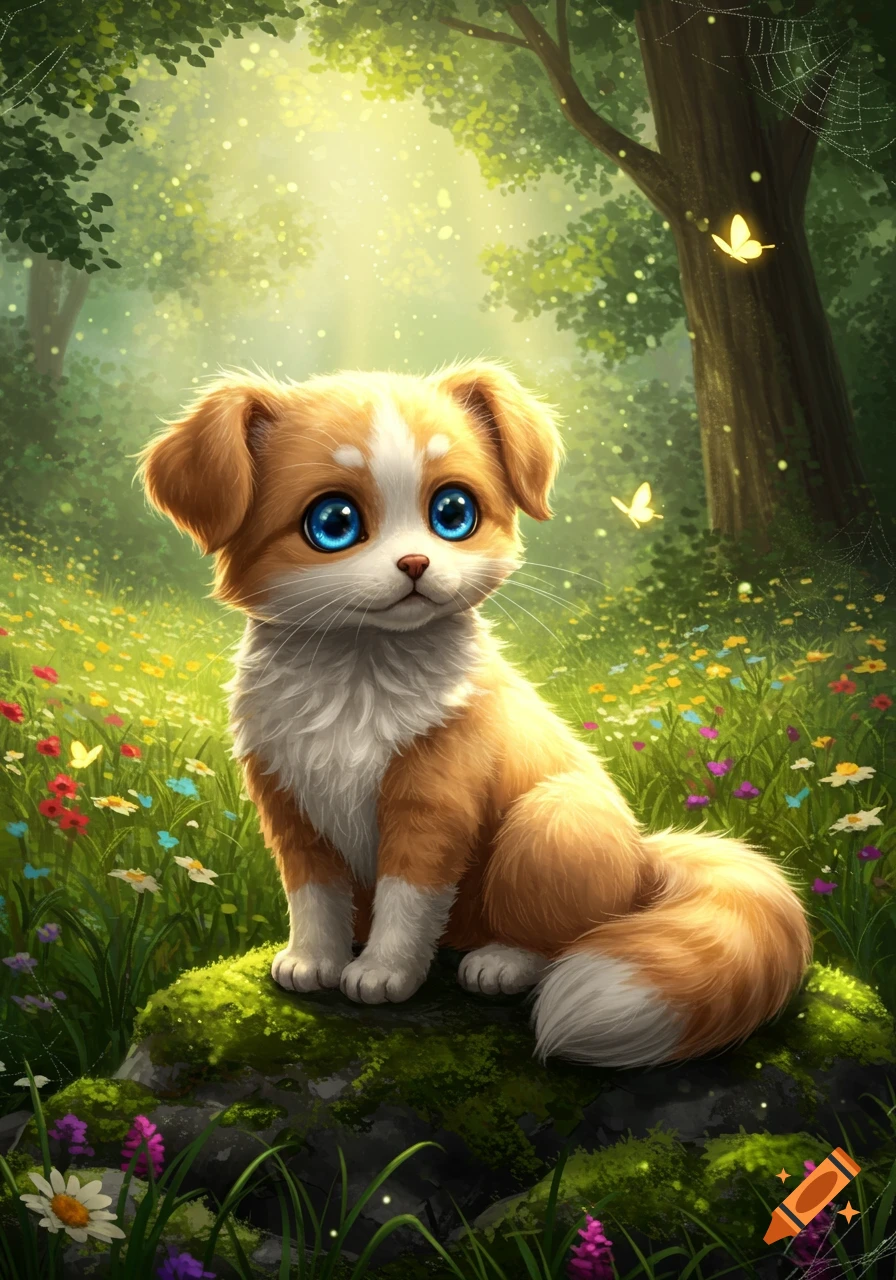 Fluffy brown and white puppy-like creature with big blue eyes sits on mossy rock in a vibrant, sunlit forest with flowers.