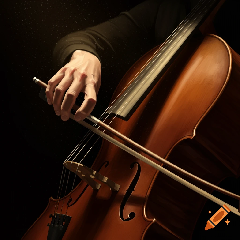 Close-up of a hand playing a wooden cello with a bow, dramatically lit against a dark background.