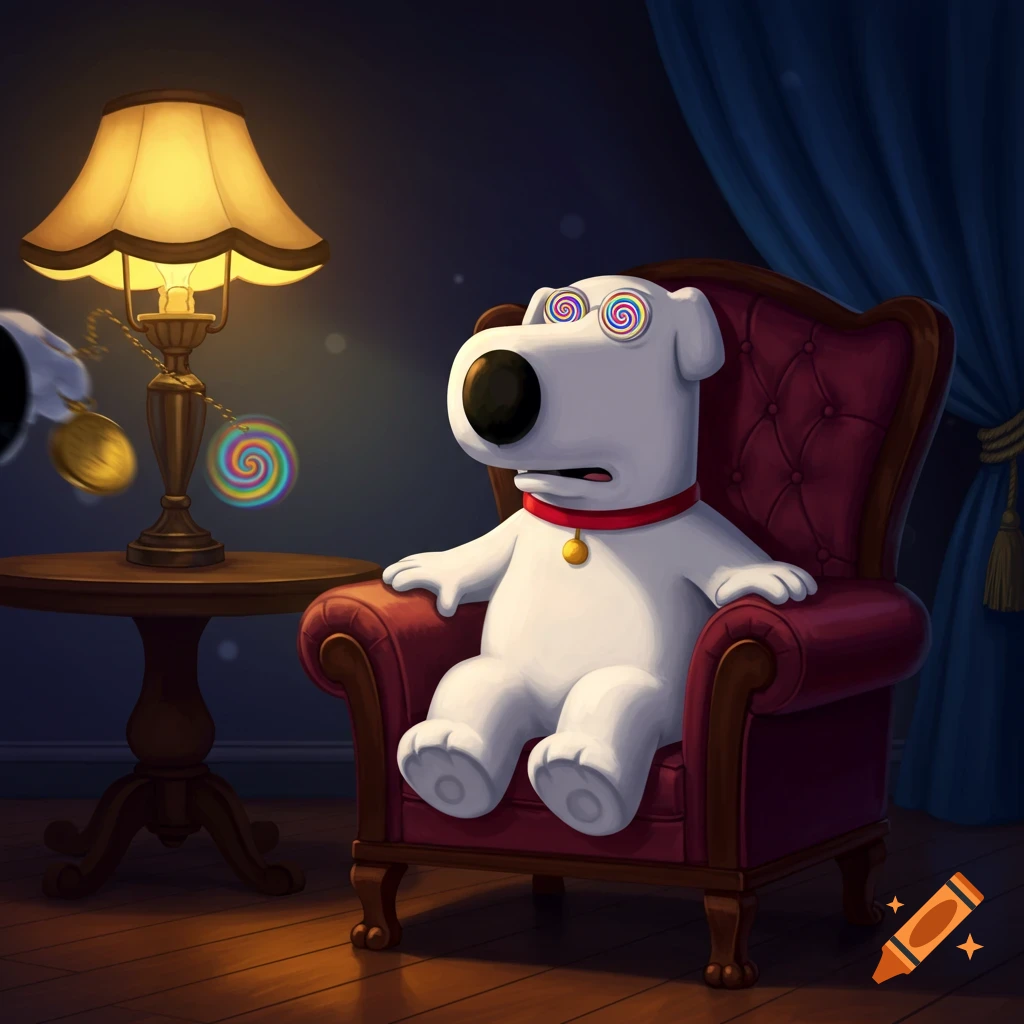 Brian Griffin, the white cartoon dog, sits hypnotized in a red armchair in a dimly lit room, with a swirling lollipop near a lamp.