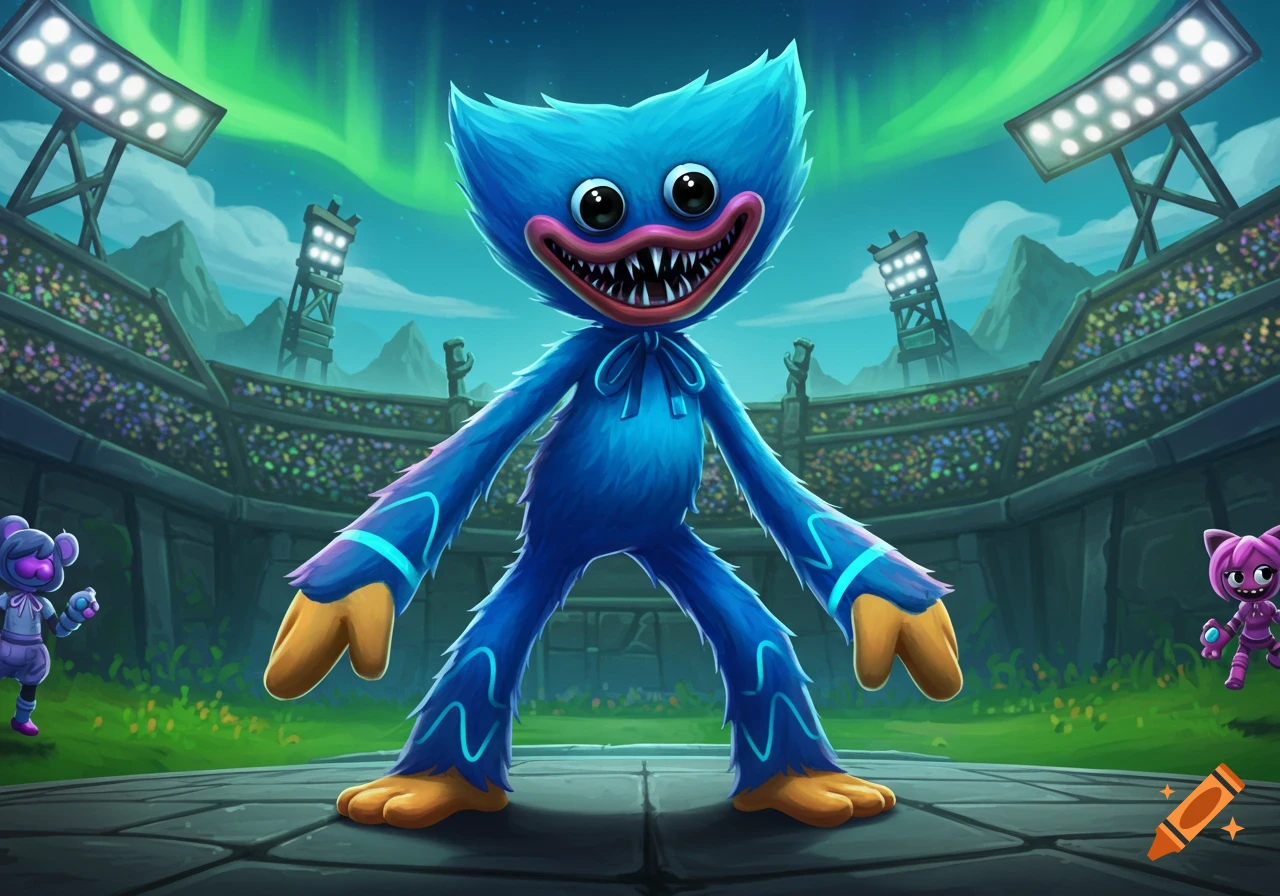 A vivid cartoon of a blue furry monster with big eyes and sharp teeth standing in an illuminated stadium under a green aurora.