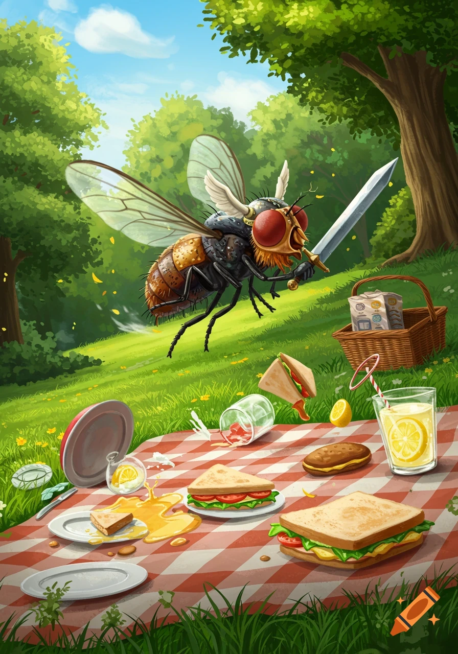A giant, stylized Viking fly with a sword attacks a picnic spread on a red and white checkered blanket in a sunny forest clearing.