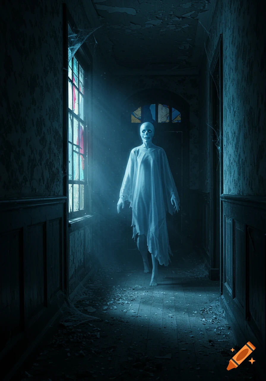 A scary, ethereal ghost in tattered cloth floats down a dark, decaying hallway, illuminated by light from a broken window.