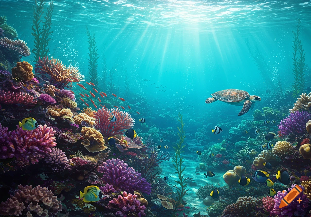 Vibrant underwater coral reef with a sea turtle, colorful fish, and sunlight streaming through the turquoise water.