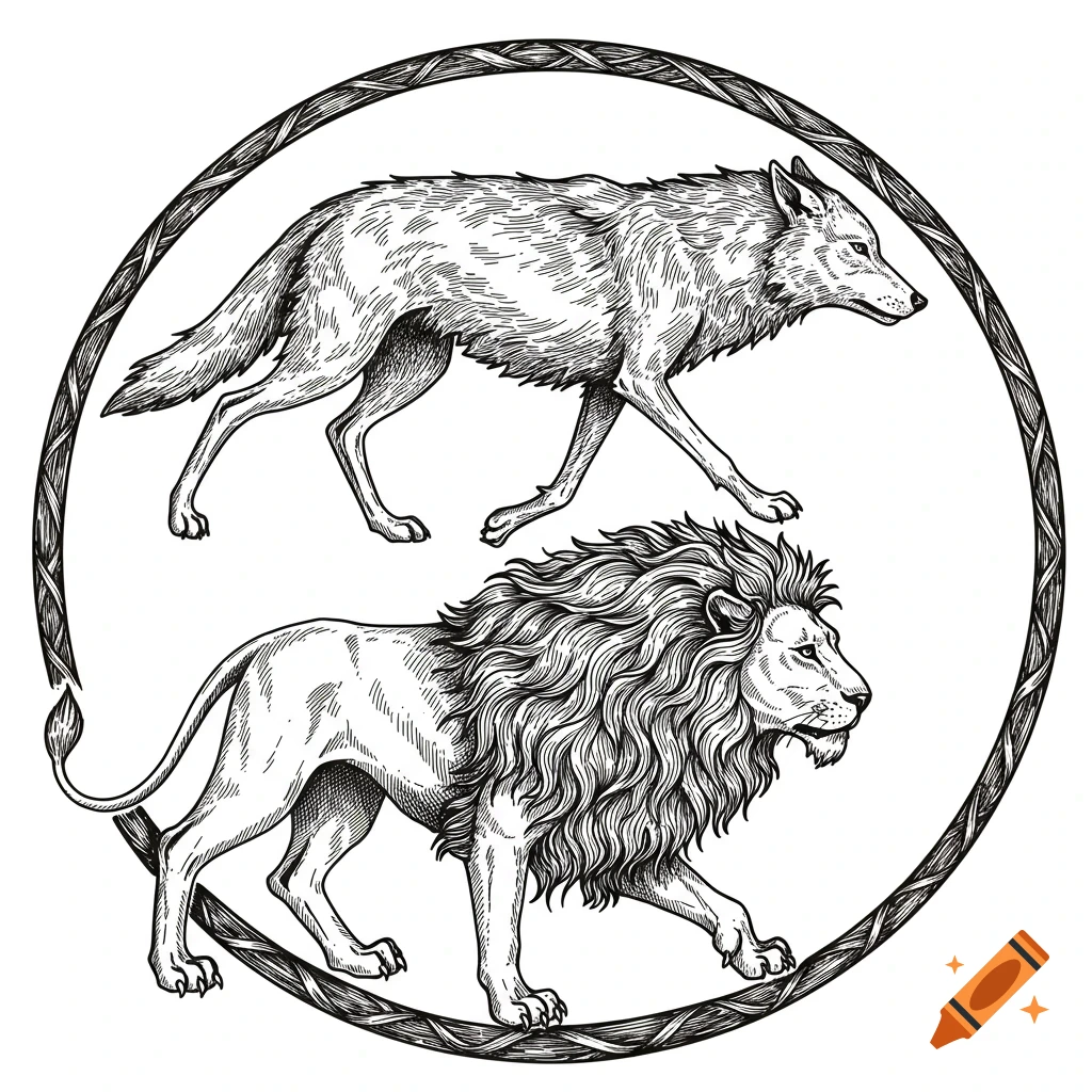 A black and white old engraving style illustration of a wolf and a lion walking within a decorative circular border.