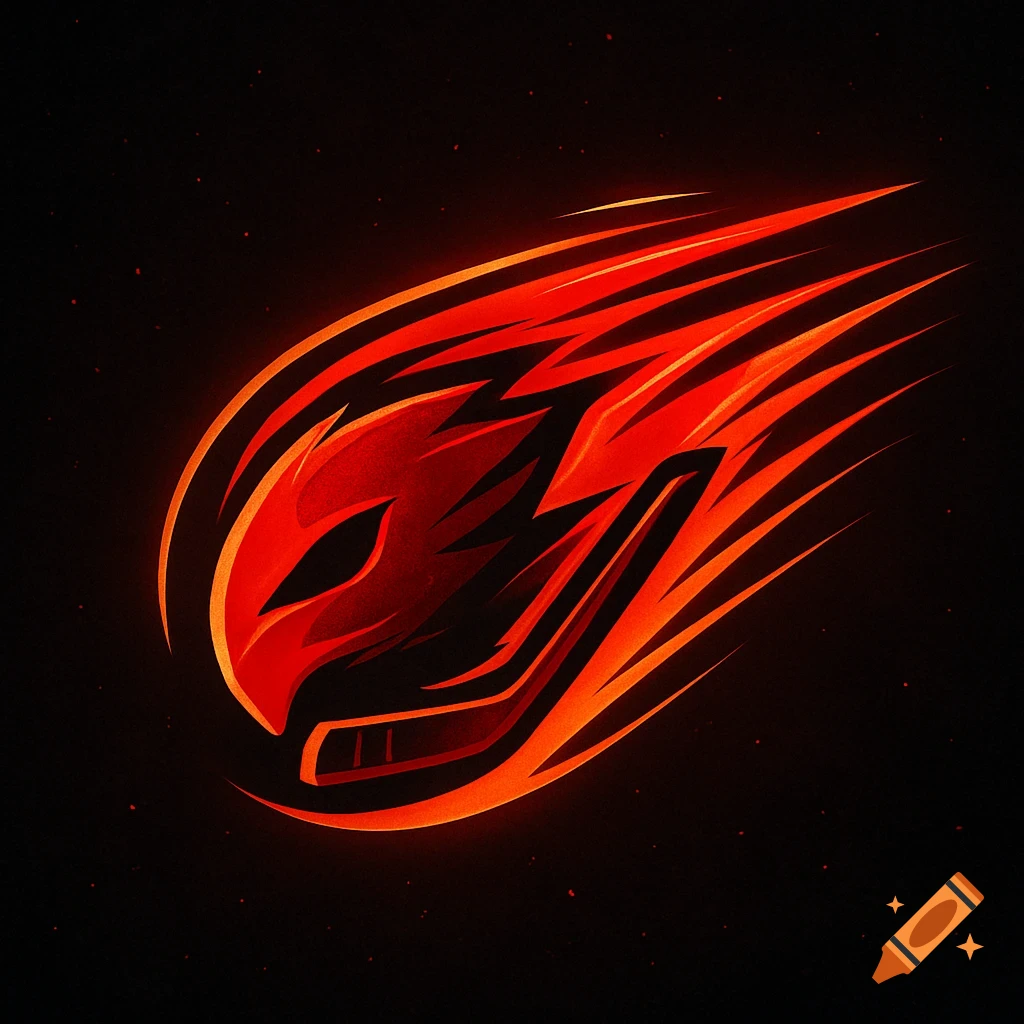 Dynamic fiery red and orange sports logo resembling a comet, hockey mask, and stick, against a dark background in graphic art style.