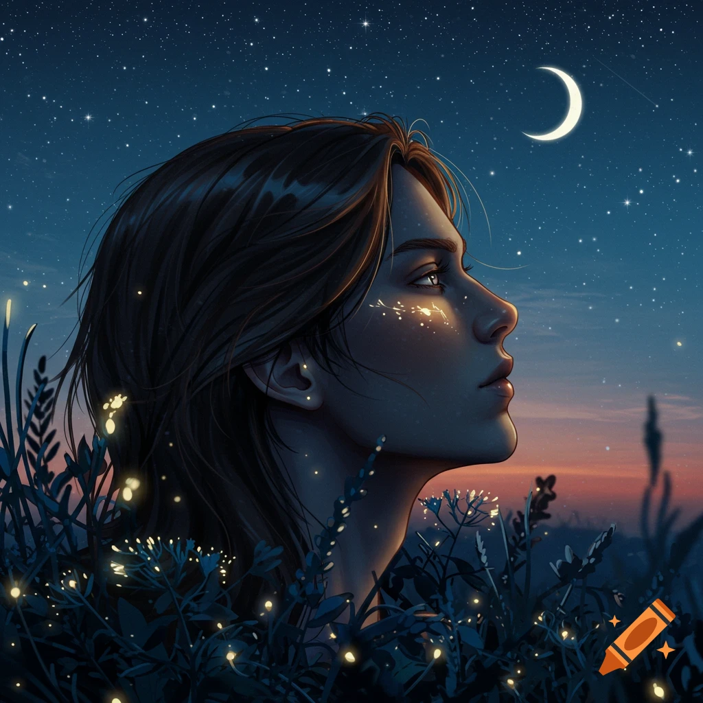 Digital art of a young woman looking up at a starry night sky with a crescent moon, surrounded by glowing plants.
